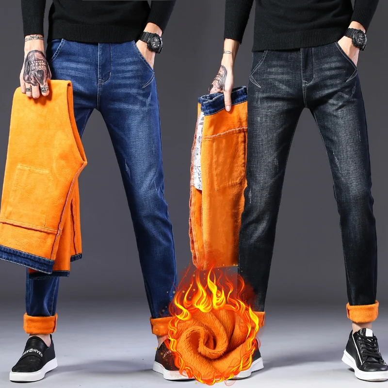 

Зимние мужские толстые теплые джинсы, облегающие эластичные плюшевые флисовые мягкие джинсовые брюки, деловые повседневные брюки в стиле ретро, элитная одежда