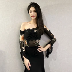 Sexy Slant Shoulder Latin Dance Tops Black Lace Long Sleeves Bodysuit Women Rumba Ballroom Dance Performance Clothes DNV19312