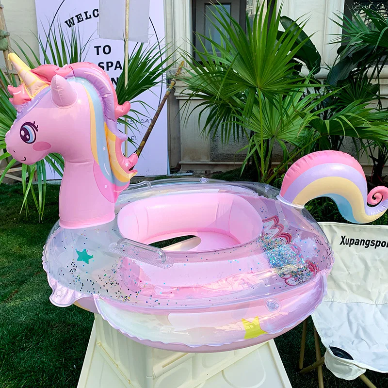 New children's pink rainbow horse sequined swimming ring inflatable water cute unicorn children's sponge bottom sitting ring