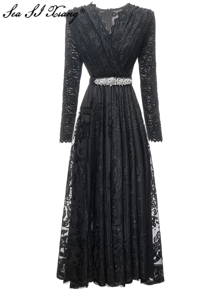 

Seasixiang Fashion Designer Spring Dress Women V-Neck Long Sleeve Crystal Belt Velvet Patchwork Vintage Party Dresses