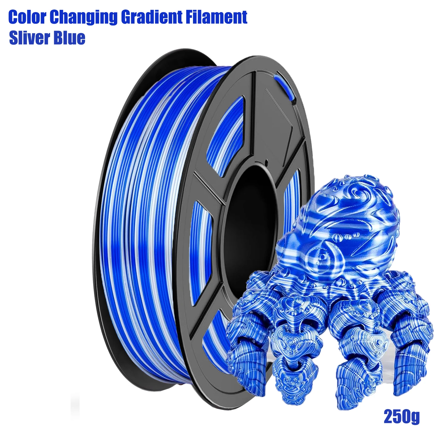 

Шелковая градиентная нить PLA 1,75 мм, шелковая нить PLA для 3D-печати, подходит для большинства принтеров FDM, 200 г/250 г/500 г/1000 г, катушка, серебристый синий