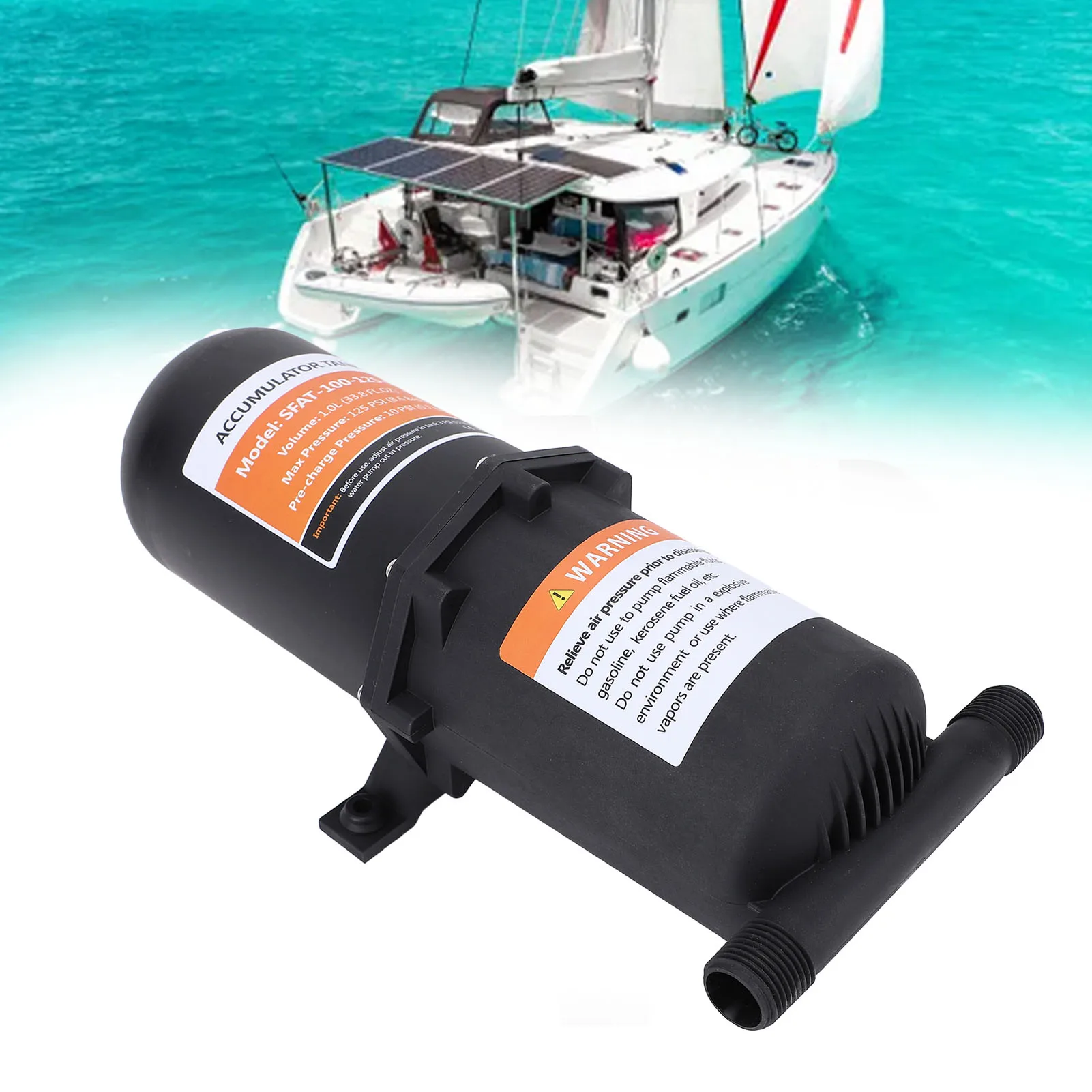 

Аккумулятор давления для автодомов 1 л, предварительно наполненный, 125 фунтов на кв. дюйм, 1/2 дюйма MNPT, с 2 зажимами и тефлоновой лентой