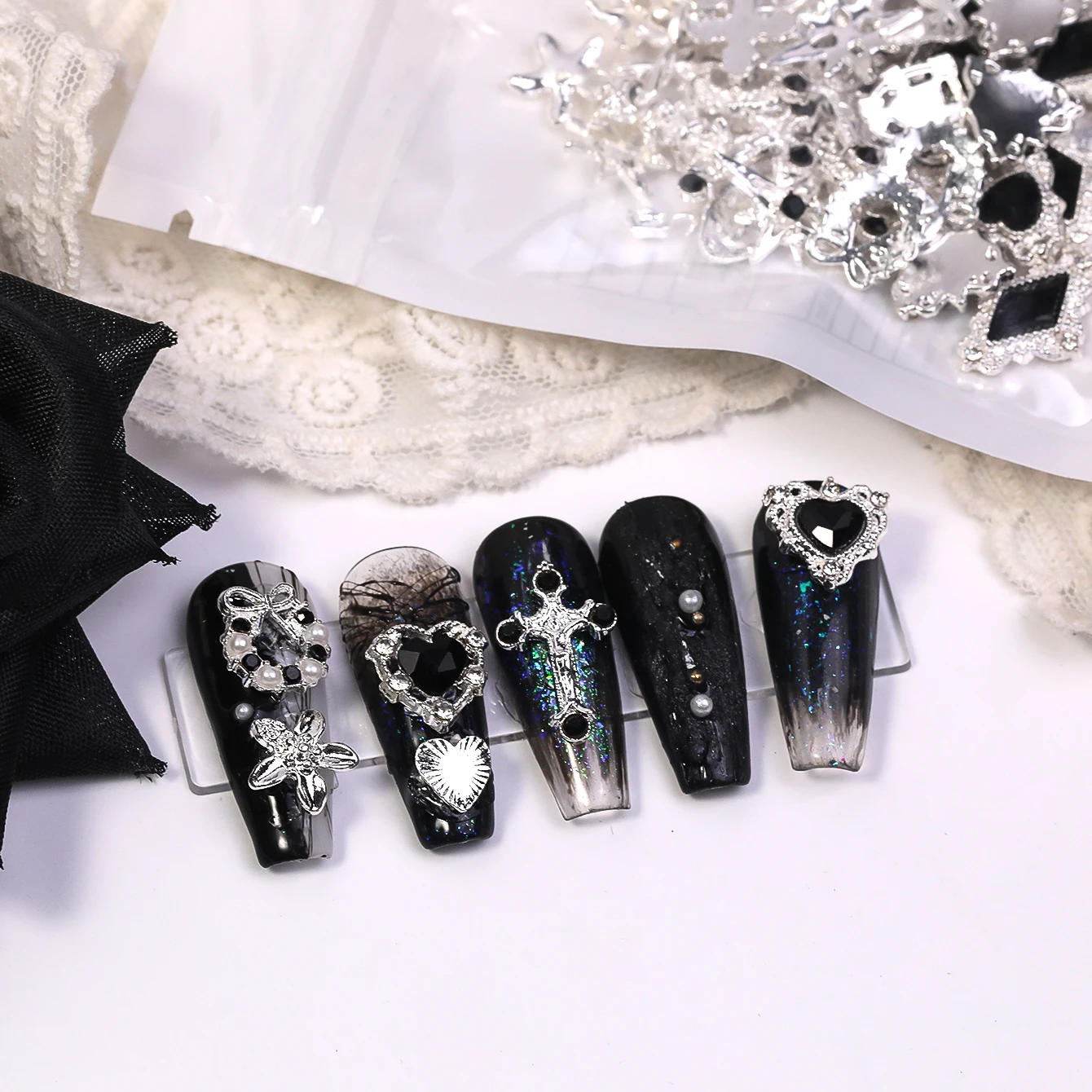 48Pcs Gothic Nail Charms, Silver Alloy Black Rhinestone Nail Art Decorations, Cross Heart Rose Star Nail Gems, Vintage 3D Nail O