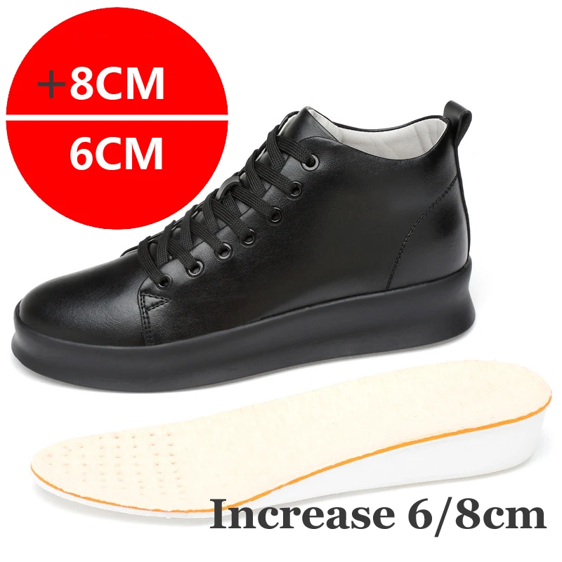 Men Sneakers Elevator Shoes All Black Men\'s Leather Casual Shoes Hidden Heels 8CM 6CM Heightening Shoes Pure White Height Shoes