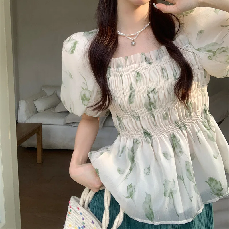 

2023 New Summer Women Clothes Floral Printed Chiffon Shirts Puff Sleeve Female Blouse Tops