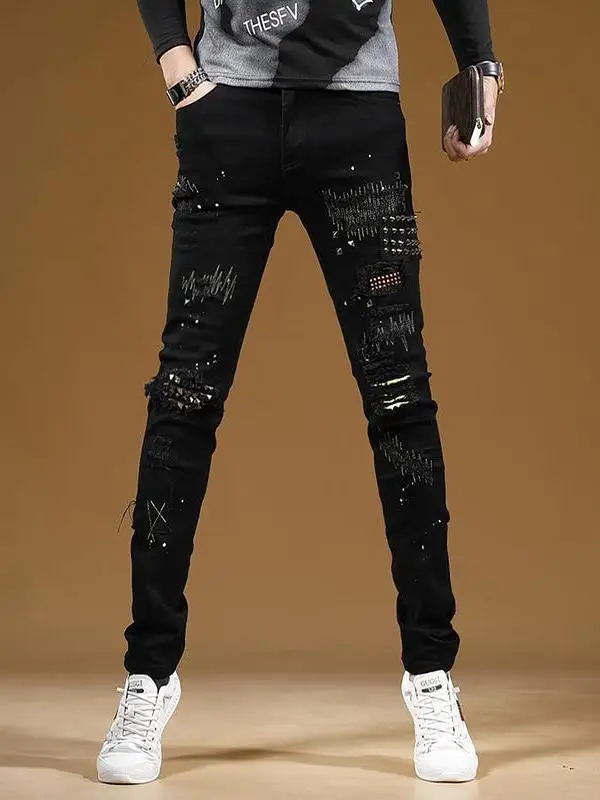 

American Style Men's Skinny Jeans Spring Autumn New Model Hole Rivet Denim Pants Trendy Casual Wear Resistant Middle Waist Zi...