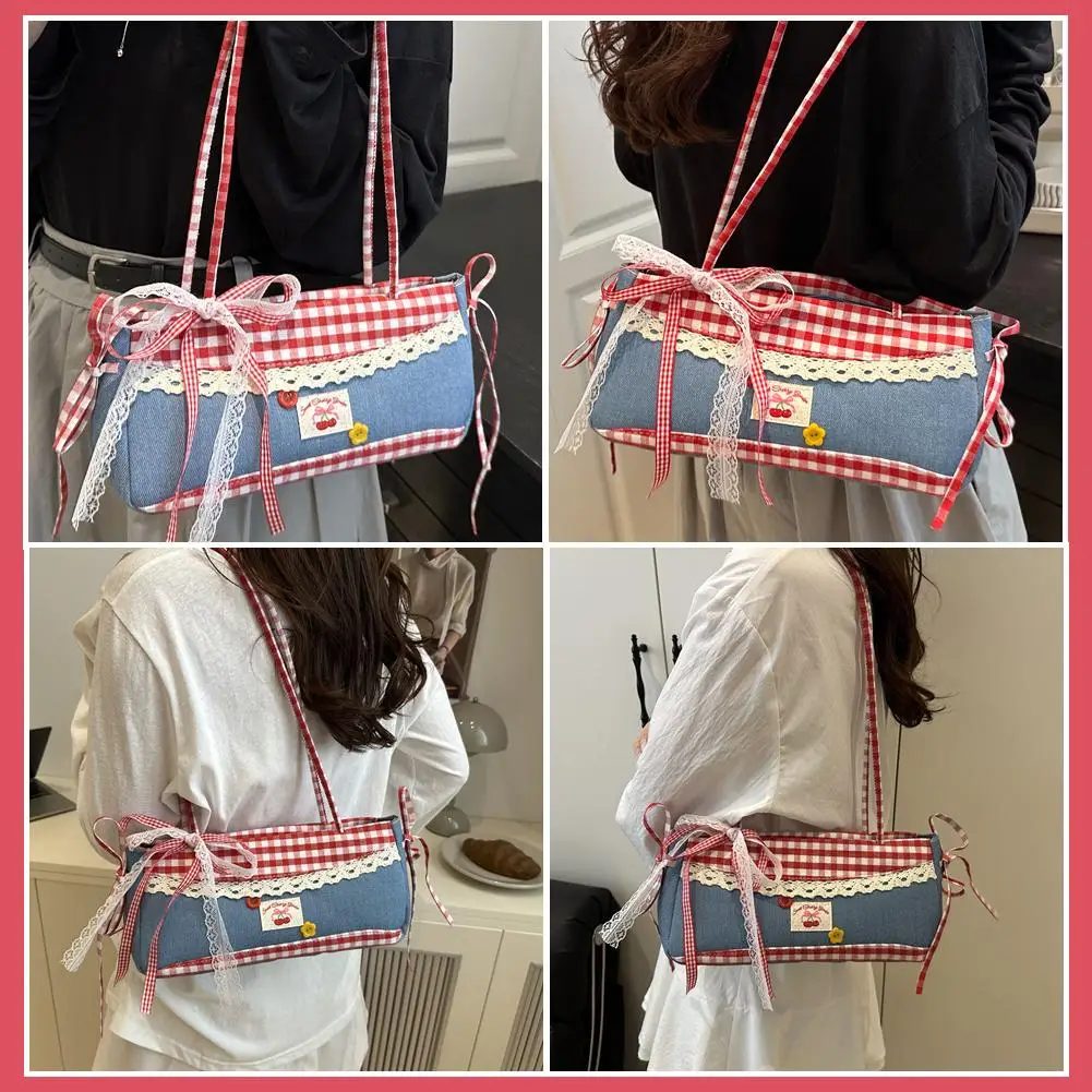 

Sweet Lace Bow Women's Tote Bag Versatile Jean Fabric Cute Shoulder Daily Handbag Square Female N2s3