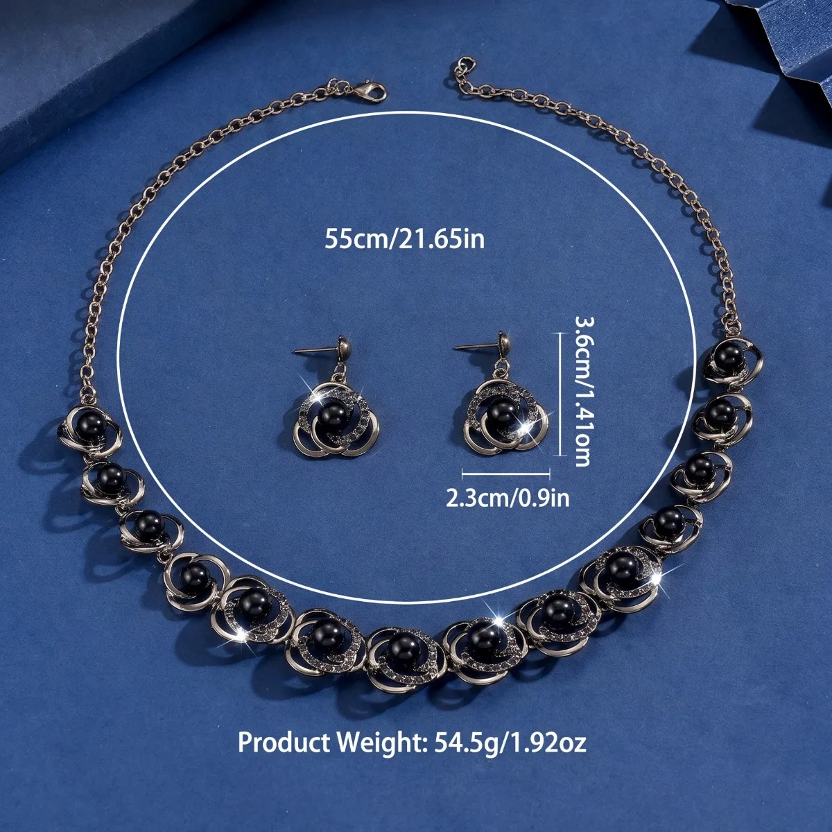 Luxury Gothic Interlocking Circle Black Crystal Pearl 2PC Jewelry Set For Model Actor Themed Stage Show Banquet Cocktail Studio