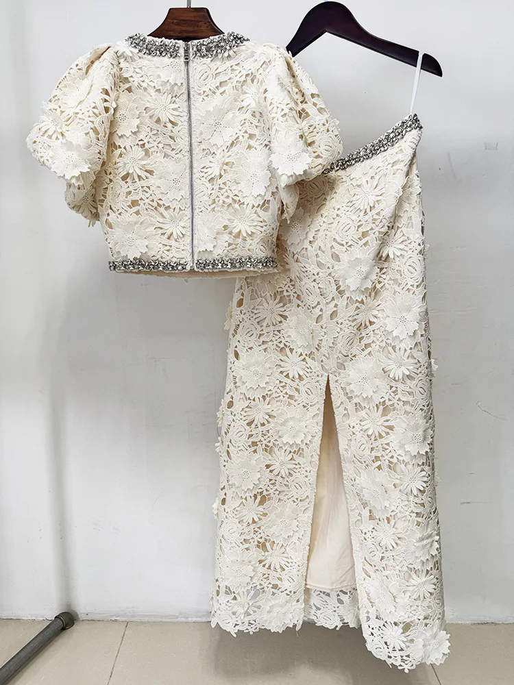 HIGH QUALITY Newest 2026 Designer Runway Women Luxury 3D Floral Lace 2 Piece Beaded Crop Top Long Skirt Set Party Dress Suit image 2