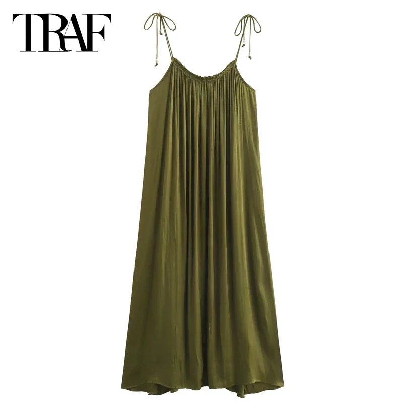 TRAF Beaded Green Pleated Dress Women Sleeveless Slip Midi Dress Woman Summer Backless Holiday Dresses Women's Loose Dresses