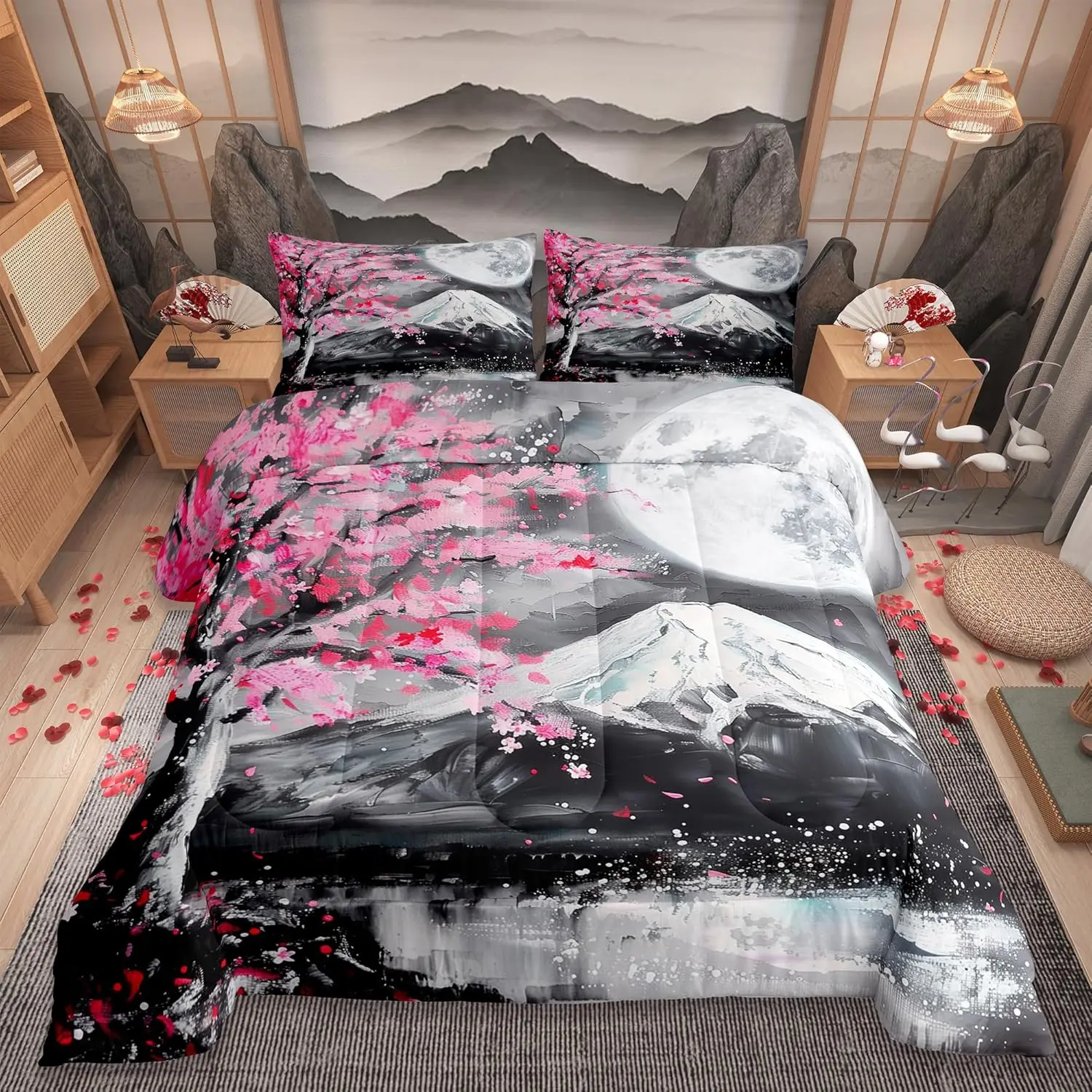 Japanese Ukiyoe Set Queen Size Fuji Mountain Scenery Quilt Set for Women Teens Men Home Room Decor Pink Cherry Blossoms Tree