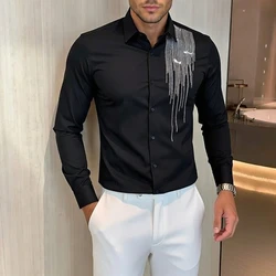 High End Embroidery Mens Fashions Shirts Autumn Turndown Collar Long Sleeve Men Dress Shirt Wedding Prom Button Up Ropa Hombre