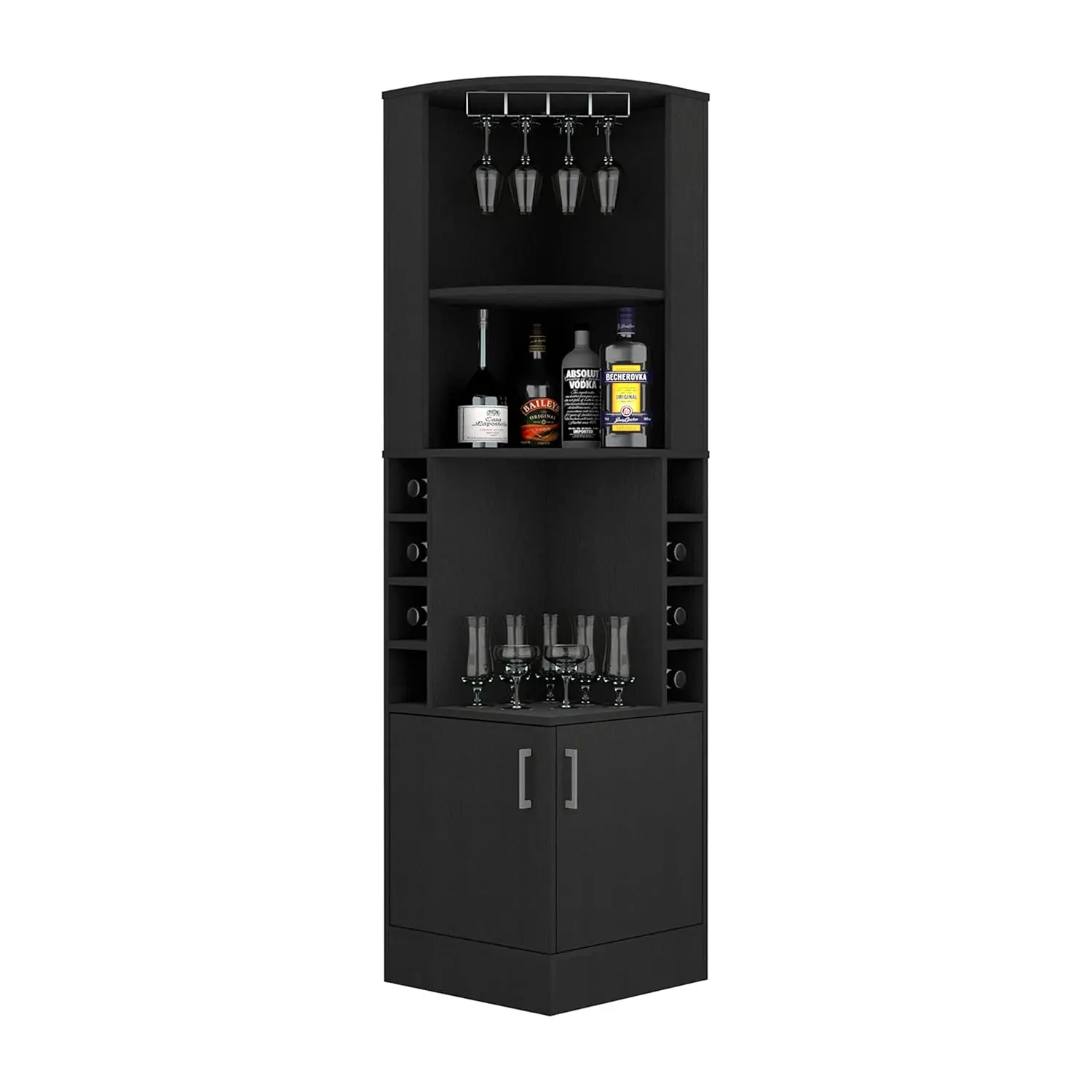 

Cairo Corner Bar Cabinet with Glass Rack, Multiple Shelves, and 8 Wine Cubbies, Black, Customized