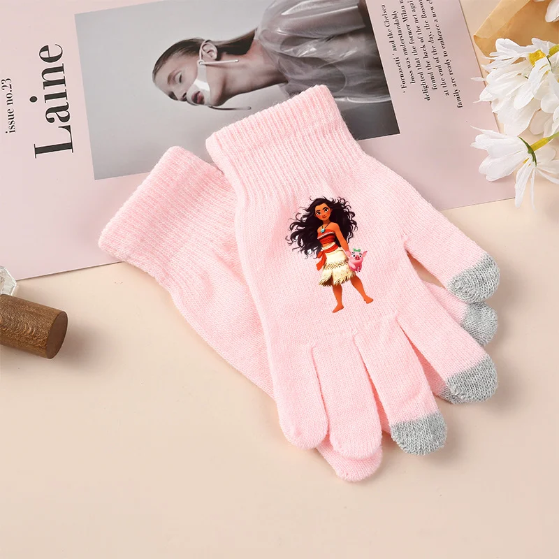 Moana Knitted Gloves Full Finger Outdoor Cycling Glove Touch Screen Warm Solid Color Thick Touch Screen Mitten Kid Birthday Gift