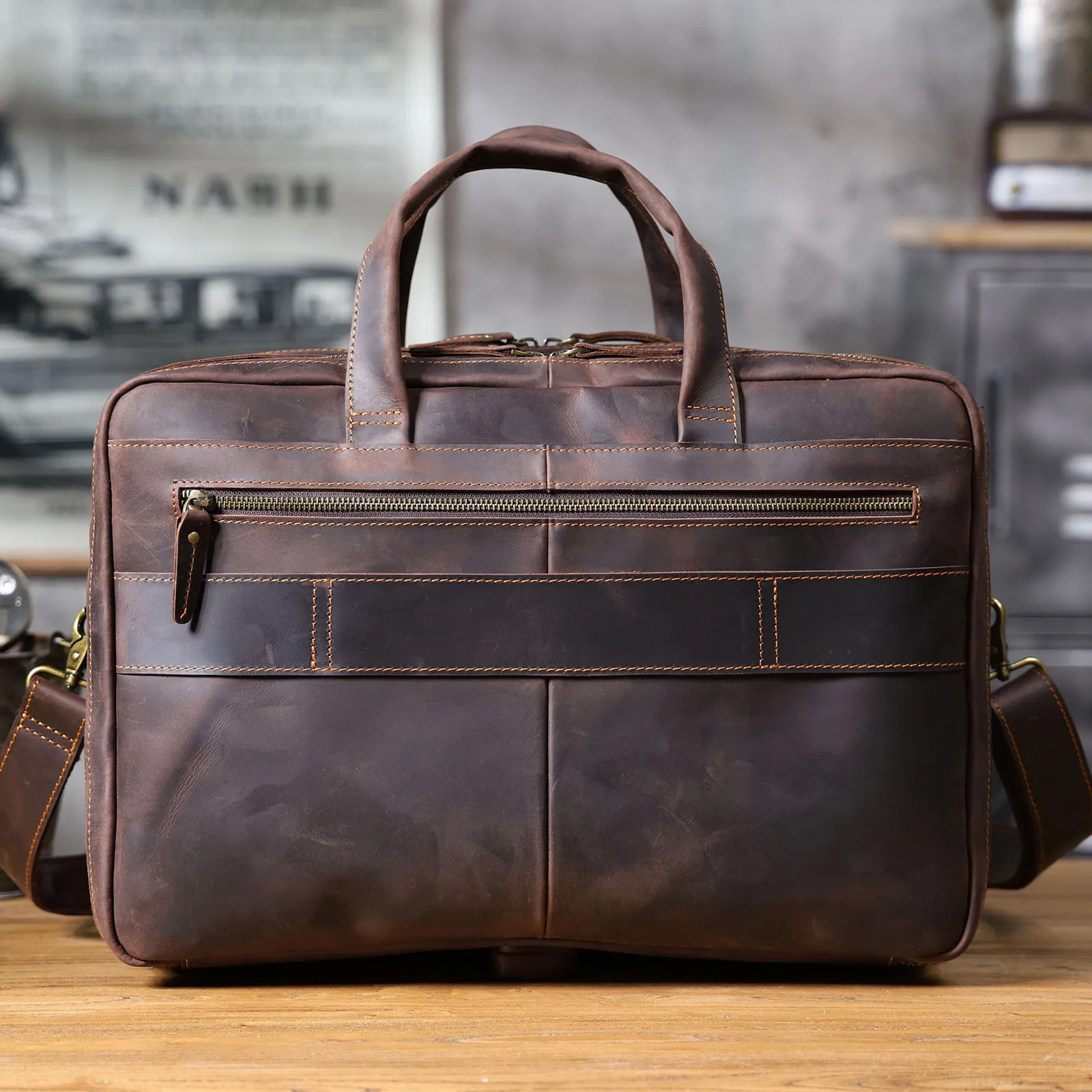 Vintage Echtleder Herren-Aktentasche 17" Laptop-Tasche, Messenger-Taschen für Arbeit und Business, Crazy Horse Rindsleder Handtasche – Detail 10