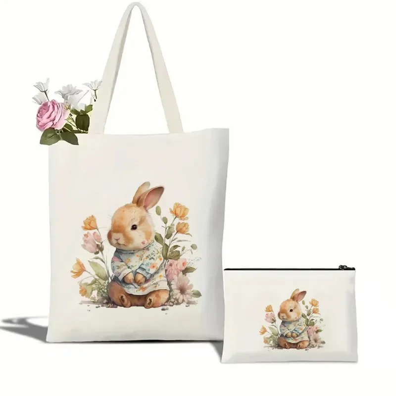 

Easter Bunny Floral Print Canvas Tote Bag for Women, Perfect for Spring Shopping - Stylish and Durable Eco-Friendly Shoulder Bag