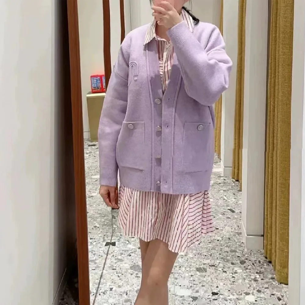 

Свободный вязаный фиолетовый кардиган с v-образным вырезом, женский осенний кардиган 2024, новый повседневный женский свитер для колледжа, ранняя осень