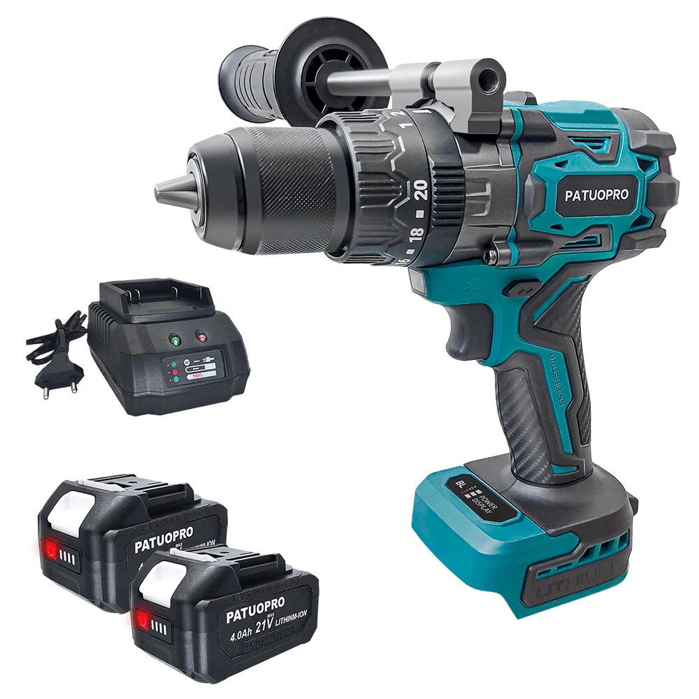 PATUOPRO 13mm 3 In 1 Electric Impact Drill Brushless High-Power Ice Drill 2 Speed 20+3 Torque Power Tool For Makita 18V Battery