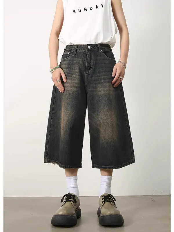 

Summer Men's Loose Straight Leg Jeans Shorts American Style Vintage Washed Blue Denim Wide Leg Seven-Quarter Length Pants