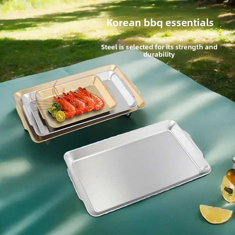 Korean BBQ Stainless Steel Tray, Serving Dish for Sushi, Flat Rectangular Storage Plate, vintage Square Tray