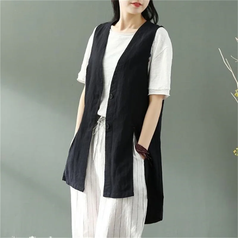 Leisure Cotton And Linen Vest Jacket Loose Casual Med-Length Coat Sleeveless Vest Female Irregular V-Neck Waistcoat White Black