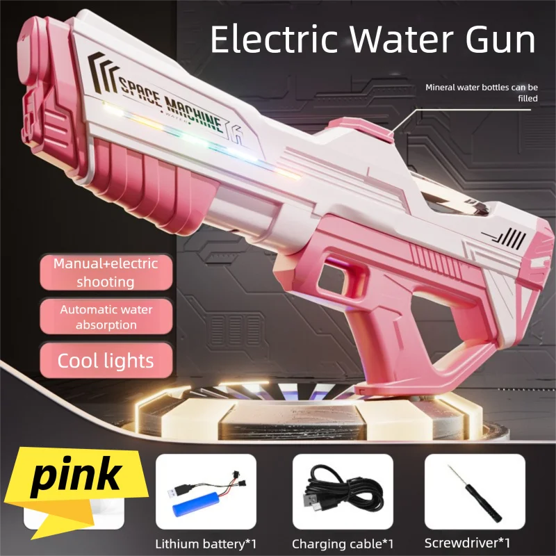 Pistola de água elétrica e manual 2 em 1, brinquedo com led, poderosa absorção automática de água, pistola blaster, piscina, brinquedos ao ar livre para crianças