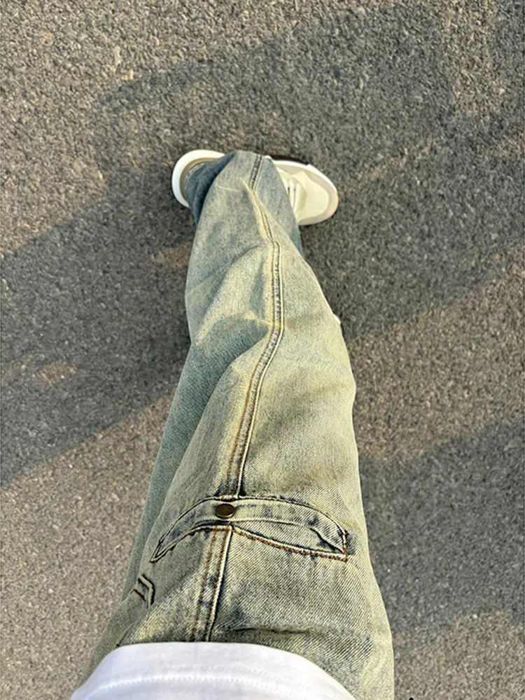 Yellow Mud Color Workwear Jeans Men's High Street Autumn Winter Straight Leg Slimming Long Leg Lengthening Micro Flared Pants