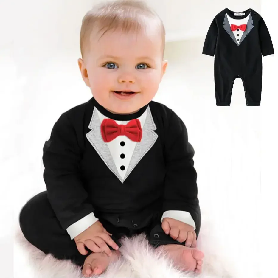 

Autumn Baby Boys Gentleman Clothing Toddler Jumpsuit Bow Tie Long Sleeve Romper Infant First Year Birthday Party Wedding Clothes