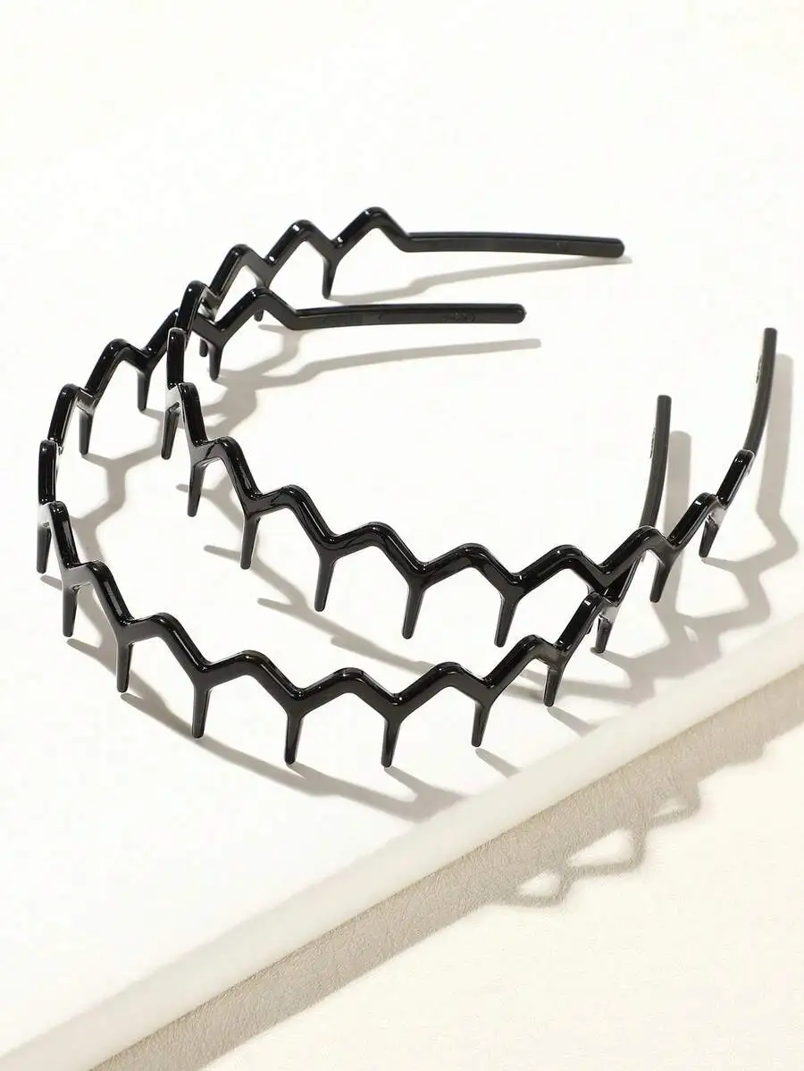 4pcs Black Wavy Toothed Headbands, Simple, Non-Slip, Suitable For Women & Men Hairstyle, Face Washing, Skin Care, Zig Zag