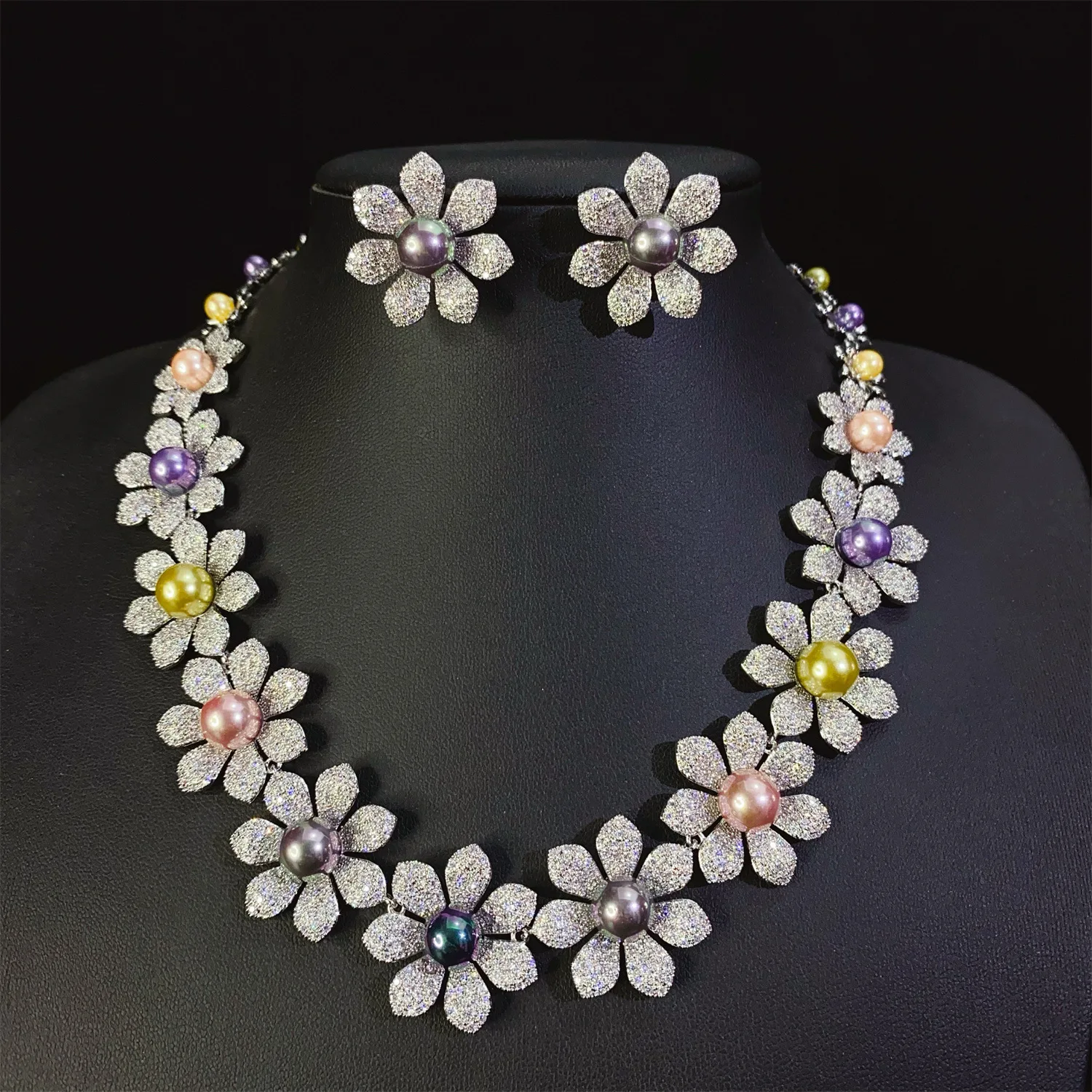 

wedding bride jewelry sets flower pearl shiny zirconia gold silver color luxury jewelry sets dinner party anniversary gift women