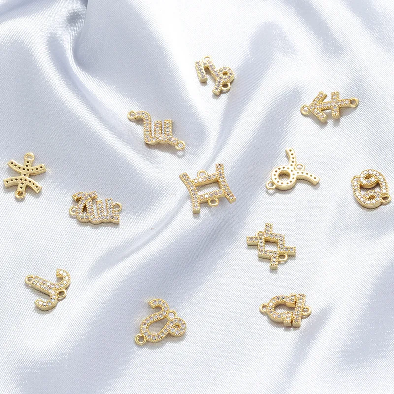 Juya 18K Gold Plated Micro Pave Zircon Copper Constellation Sign 12 Zodiac Charms Connectors For DIY Women Gift Jewelry Making