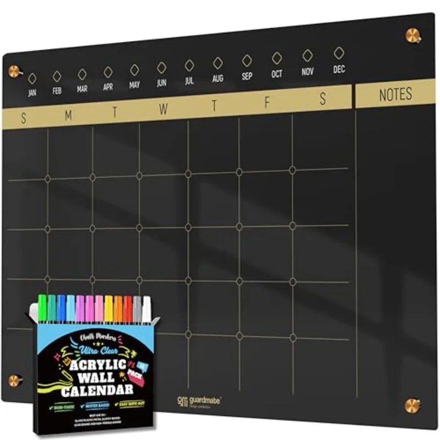 

Oversize Black Acrylic Calendar for Wall Plexi Glass Dry and Erase Ultra-Thick Home Office Monthly Glass Family Planner Board C