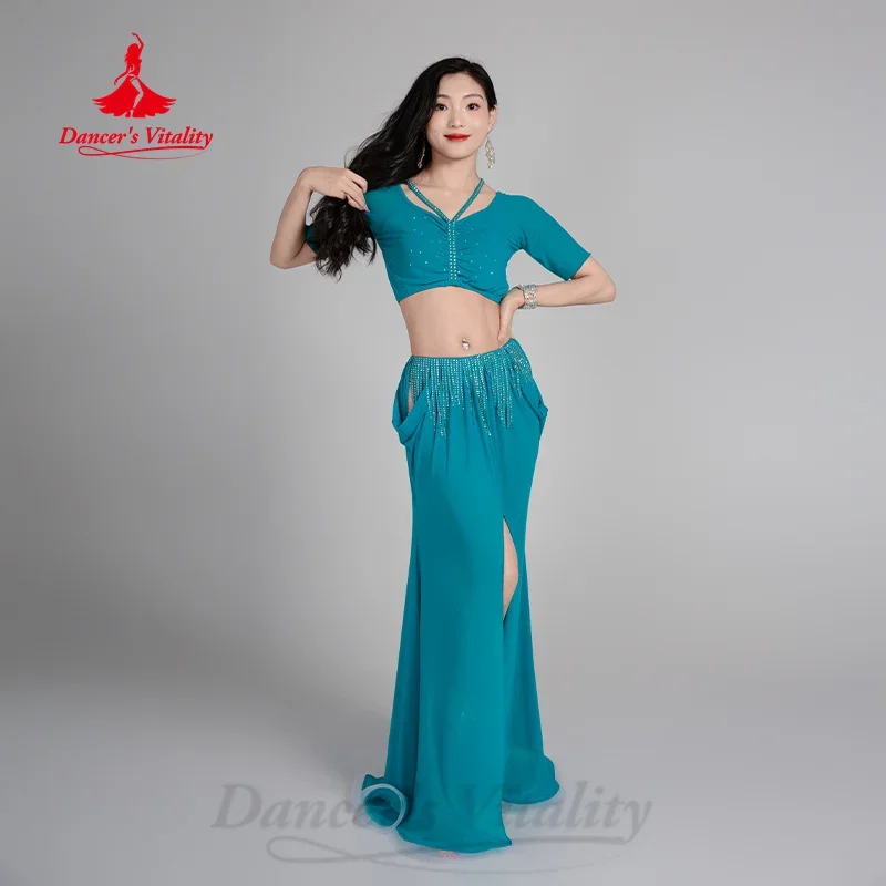 

Костюм BellyDance на заказ, топ с v-образным вырезом и короткими рукавами + юбка «рыбий хвост» с кисточками, 2 предмета, одежда для занятий танцем живота для взрослых и детей