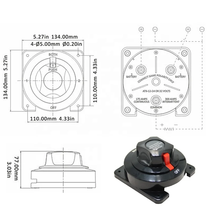 300A 32VDC Battery Selector Switch 4 Position Battery Power Cut Master Switch Waterproof Heavy Duty Battery Disconnect Switch