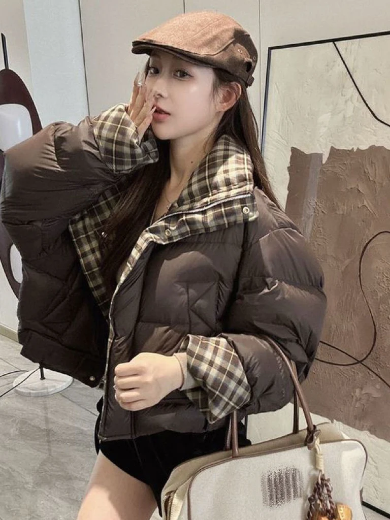 Stylish Plaid Women's Short down Jacket Winter 2026 New Arrival Slimming Splicing Trendy Commute Straight Tube Long Sleeve