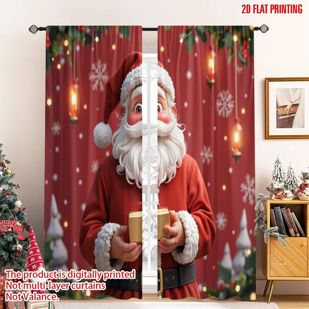 

2pcs 2D flat printing Christmas Party Curtain Santa Claus gift Christmas Fabric Without Electricity Festive Holiday Perfect for