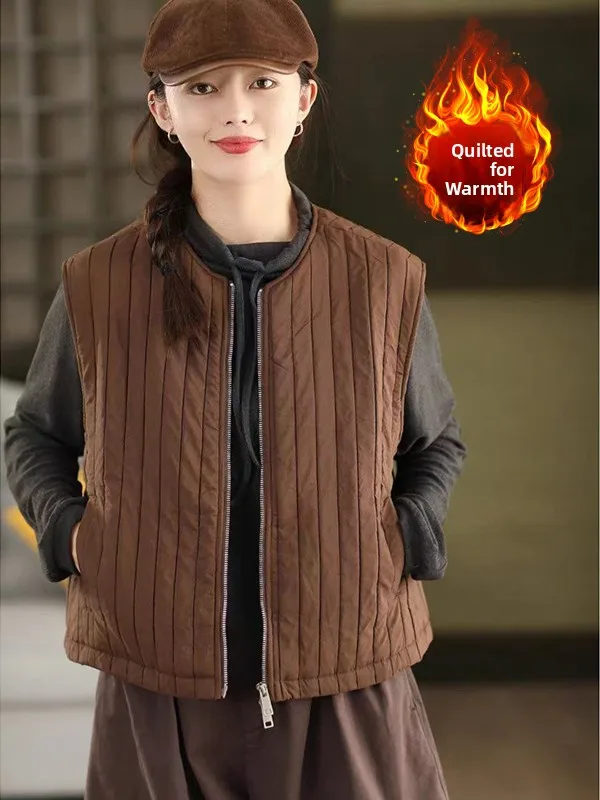 

Retro Stitched Cotton Vest Jaet Large Size Women's Faion Zipper Wirel Open Cardigan Outerwear oulder Pad