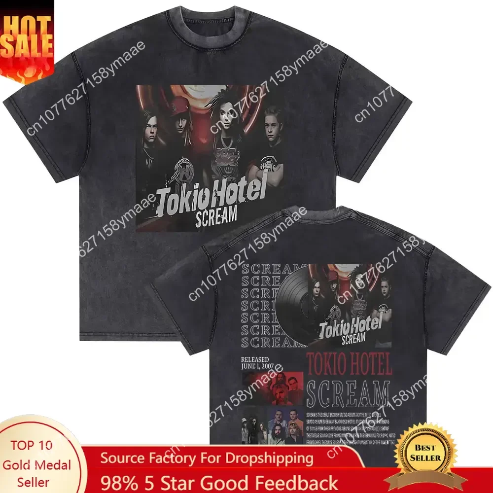 

Washed Vintage German Rock Band Tokio Hotel Scream Album Double Sided Print T Shirts Men Women Punk Gothic Oversized Short Sleev