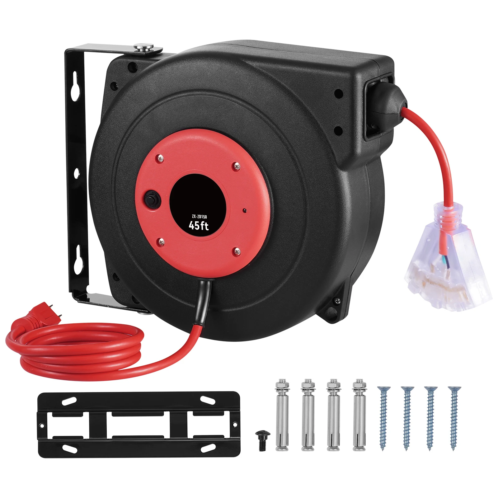 Retractable Extension Cord Reel, 45 FT, Heavy-Duty 12AWG/3C SJTOW Retractable Power Cord with Lighted Triple Tap Outlet, 15 Amp Circuit Breaker 180 °   Swivel Bracket for Ceiling or Wall Mount