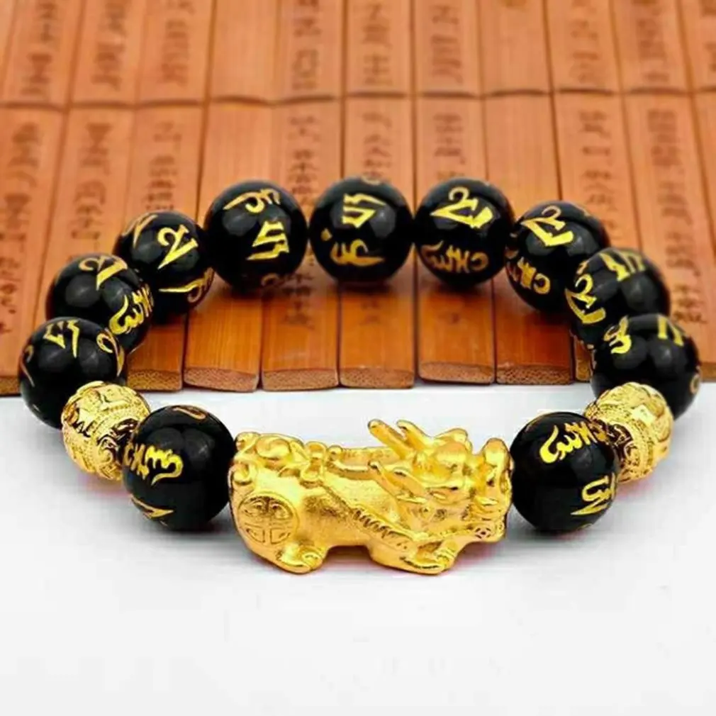 Feng Shui Gelang Manik-manik Batu Obsidian Gelang Pria Wanita Uniseks Gelang Emas Hitam Pixiu Kekayaan dan Keberuntungan Wanita Gelang