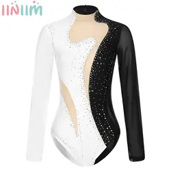 Womens Patchwork Gymnastics Leotard Rhinestone Long Sleeve Ballet Dance Bodysuit Acrobatics Dancewear Figure Ice Skating Unitard