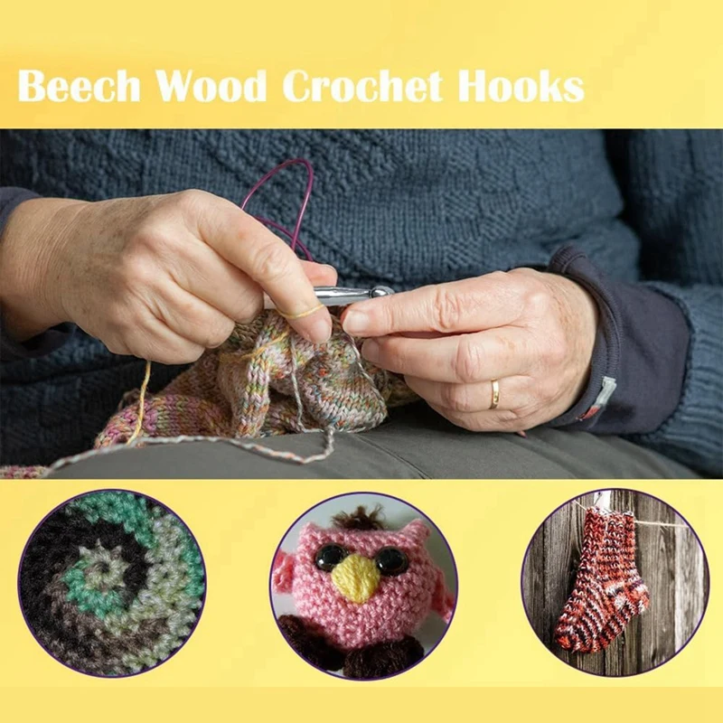 8 قطع من خطافات الكروشيه الخشبية 3.0 مم - 6.5 مم، مجموعة خطافات كروشيه بمقبض مريح سهلة الاستخدام بلون الخشب