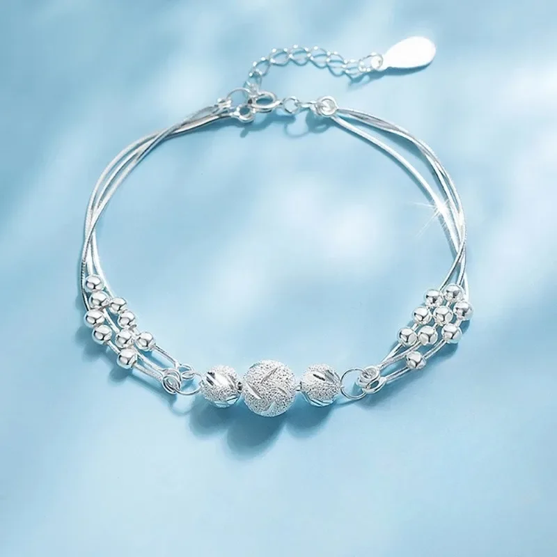 

Exquisite Sterling Silver Beaded Charm Bracelet for Girls and Ladies, Wedding Party Bohemian Fashion Jewelry Gifts Everyday Jewe