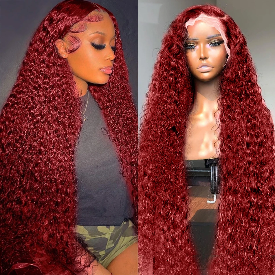 Swupod-Perruque Lace Front Wig Remy Deep Wave pour Femme Africaine, Cheveux Naturels, Bordeaux 99J, Sans Colle, Densité 200, 13x4, HD