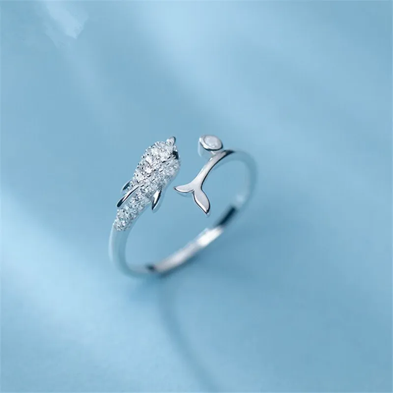 New Fashion Diamond Dolphin 925 Sterling Silver Sweet and Cute Ocean Animal Opening Rings R385