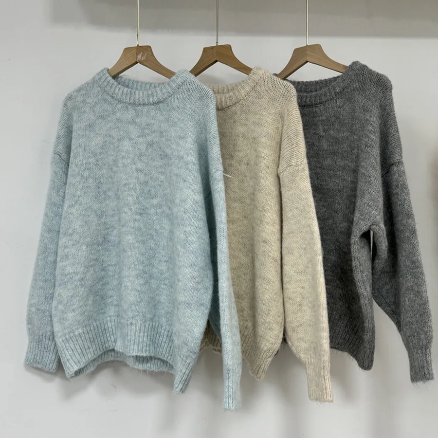 Maglione di lana lavorato a maglia stile pigro Autunno e inverno Donna Dolce sciolto elastico morbido Office Home Casual Maglione a maniche lunghe con scollo a O