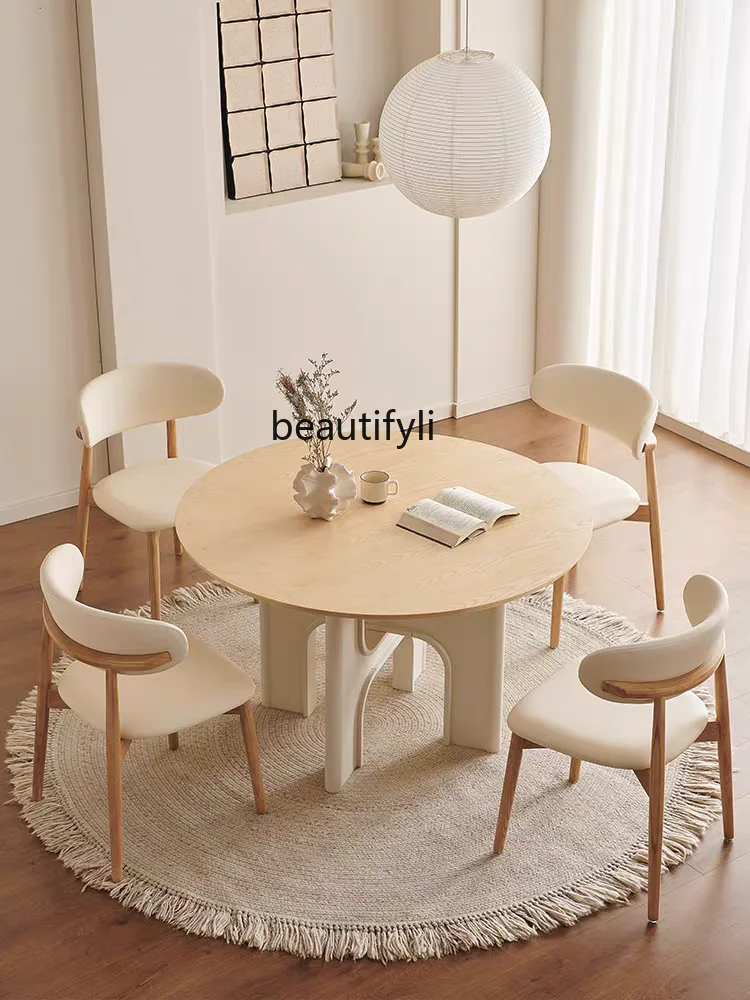 

French log solid wood round table household small apartment dining room round ash wood round dining table and chairs