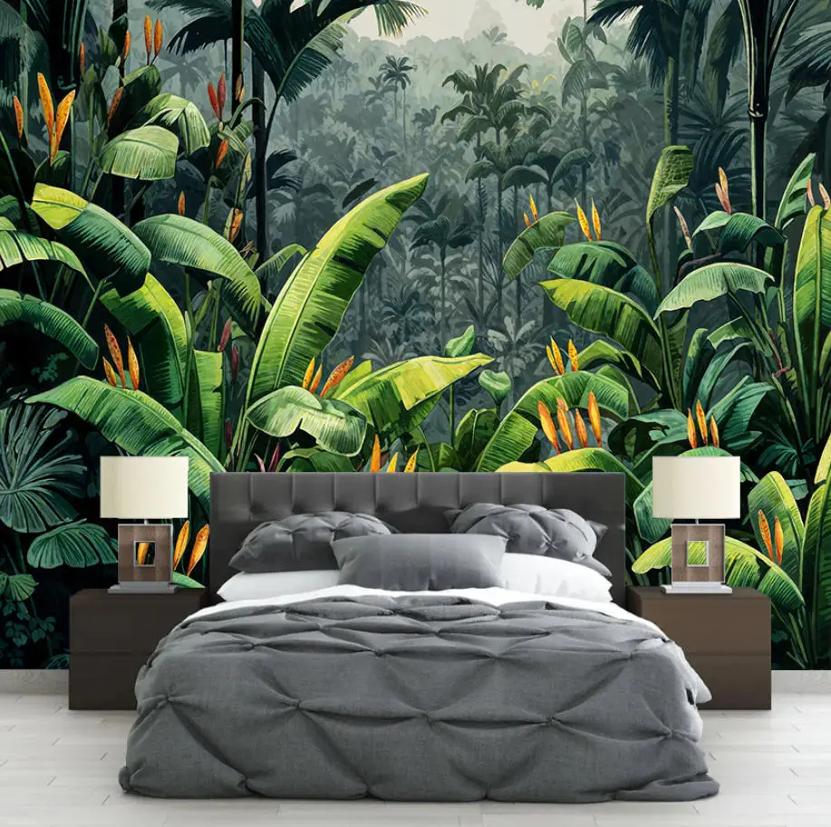 Custom size mural watercolor flower illustration hand-painted plant tropical flower banana leaf background wall 3d wallpaper