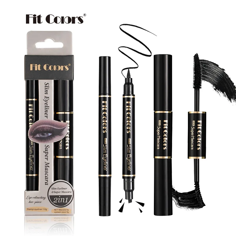 Fit Colors Mascara de doble punta + delineador de ojos con sello, conjunto combinado, delineador de pestañas voluminizador, rizado, resistente al agua y sin manchas