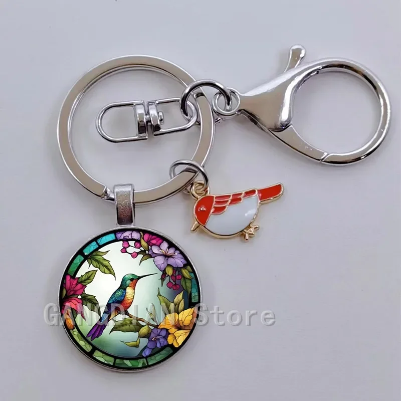 New Hummingbird Photo 25mm Glass Convex Round Keychain Bag Car Keychain Ring Bracket Charming Keychain Flower Spot Bird Gift